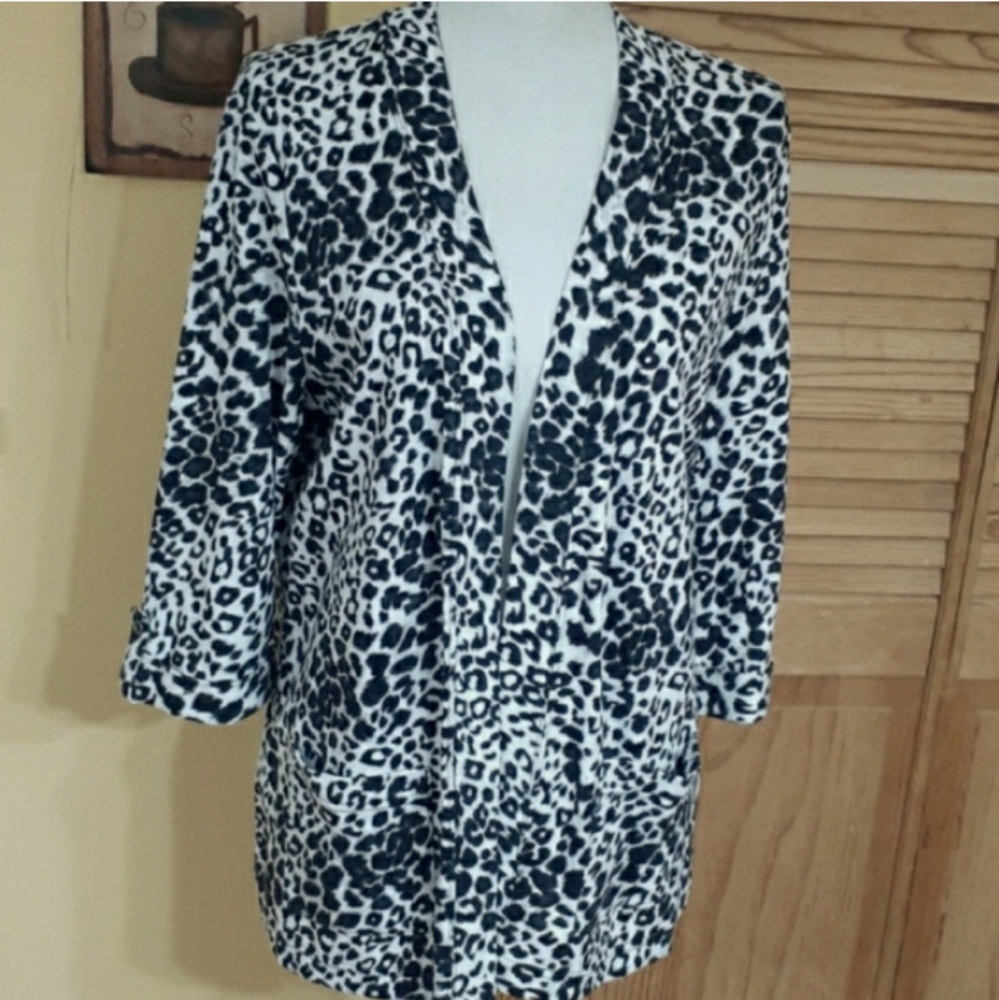 STUDIO WORKS Animal Print Leopard Open Front Cardigan Jacket 3/4 Sleeves M